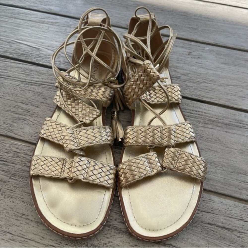 Michael Kors Monterey Woven Gold Leather Gladiator Sandals Womens size 9